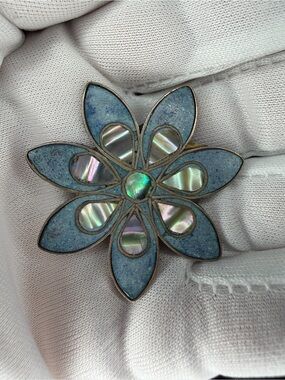 Vintage Sterling Mexico 925 Blue Enamel Abalone Flower Brooch Pin Pendant 1.5”